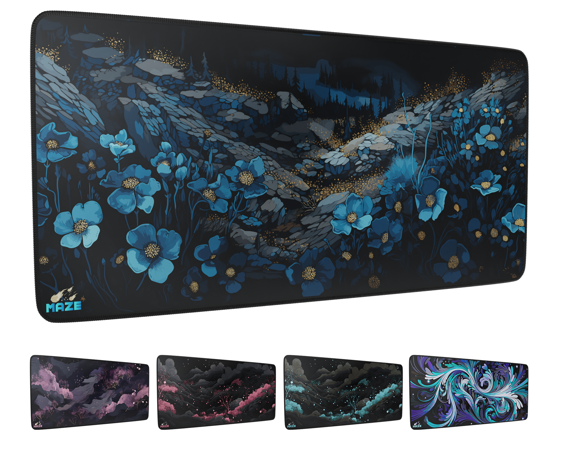 MAZE Arcane Blue Floral Extended Gaming Desk Mat
