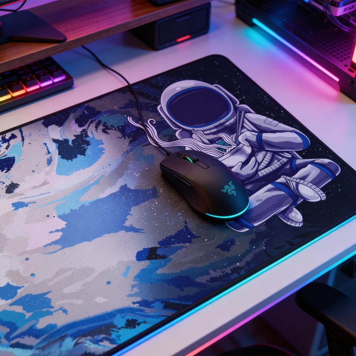 Gaming mouse on a mouse pad with an astronaut design, surrounded by colorful RGB lighting.
