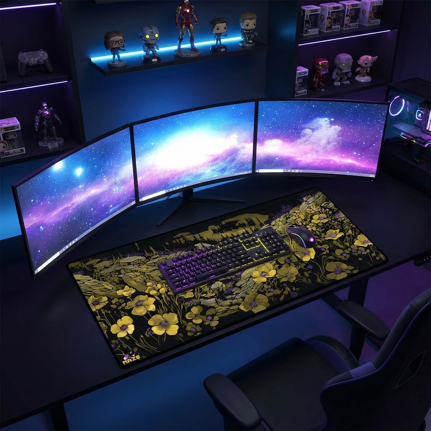 MAZE Light Series– Arcane Yellow Floral 2XL Extended Gaming Desk Mat