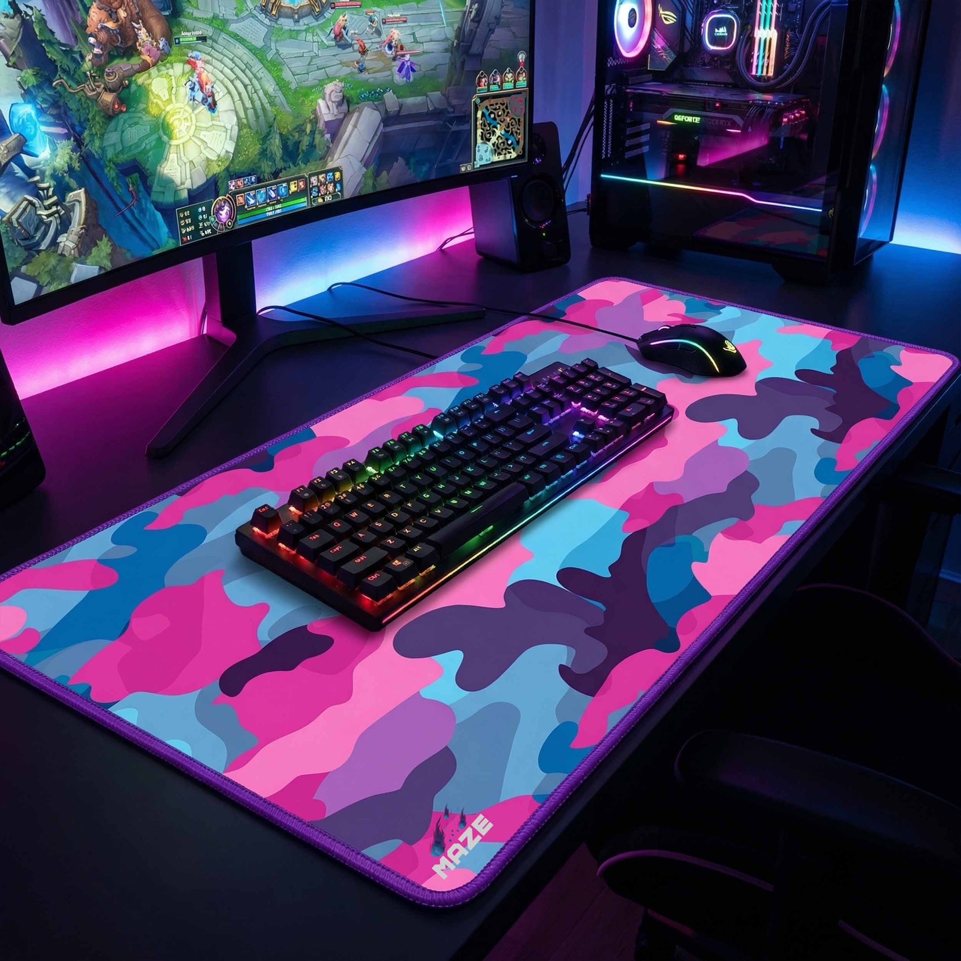 MAZE Light Series Bloom Fusion 2XL extended gaming desk mat colorful camo design