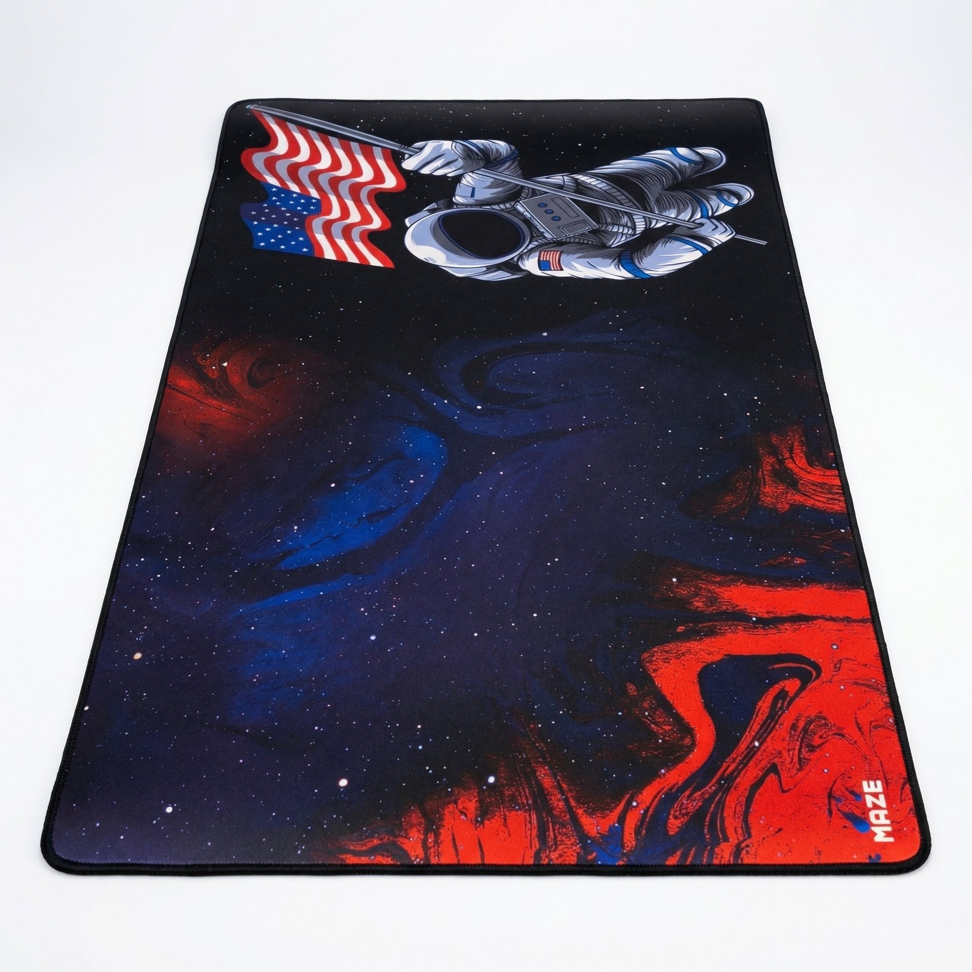 Space-themed mouse pad with astronaut and American flag design on a white background