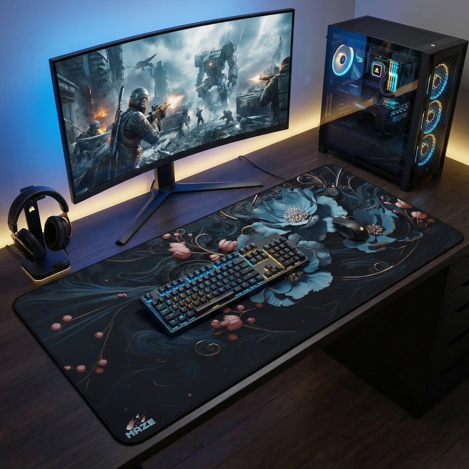 MAZE Light Series Floral-CLB 2XL extended gaming desk mat blue floral design